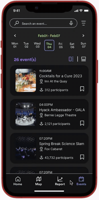 Crowd Ease event list screen with a weekly day picker, search bar, and a filterable list of nearby events