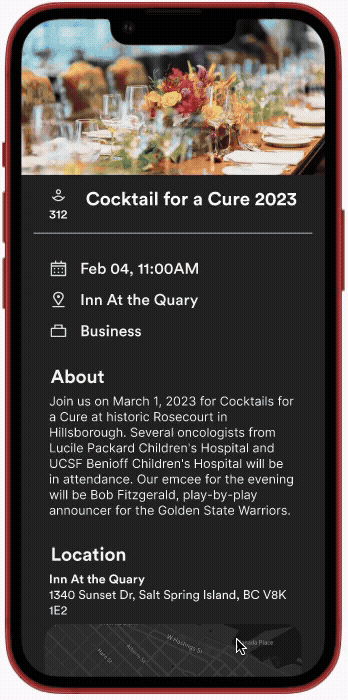 Crowd Ease event detail screen for 'Cocktail for a Cure 2023' showing event info, location, and a live crowd density heat map
