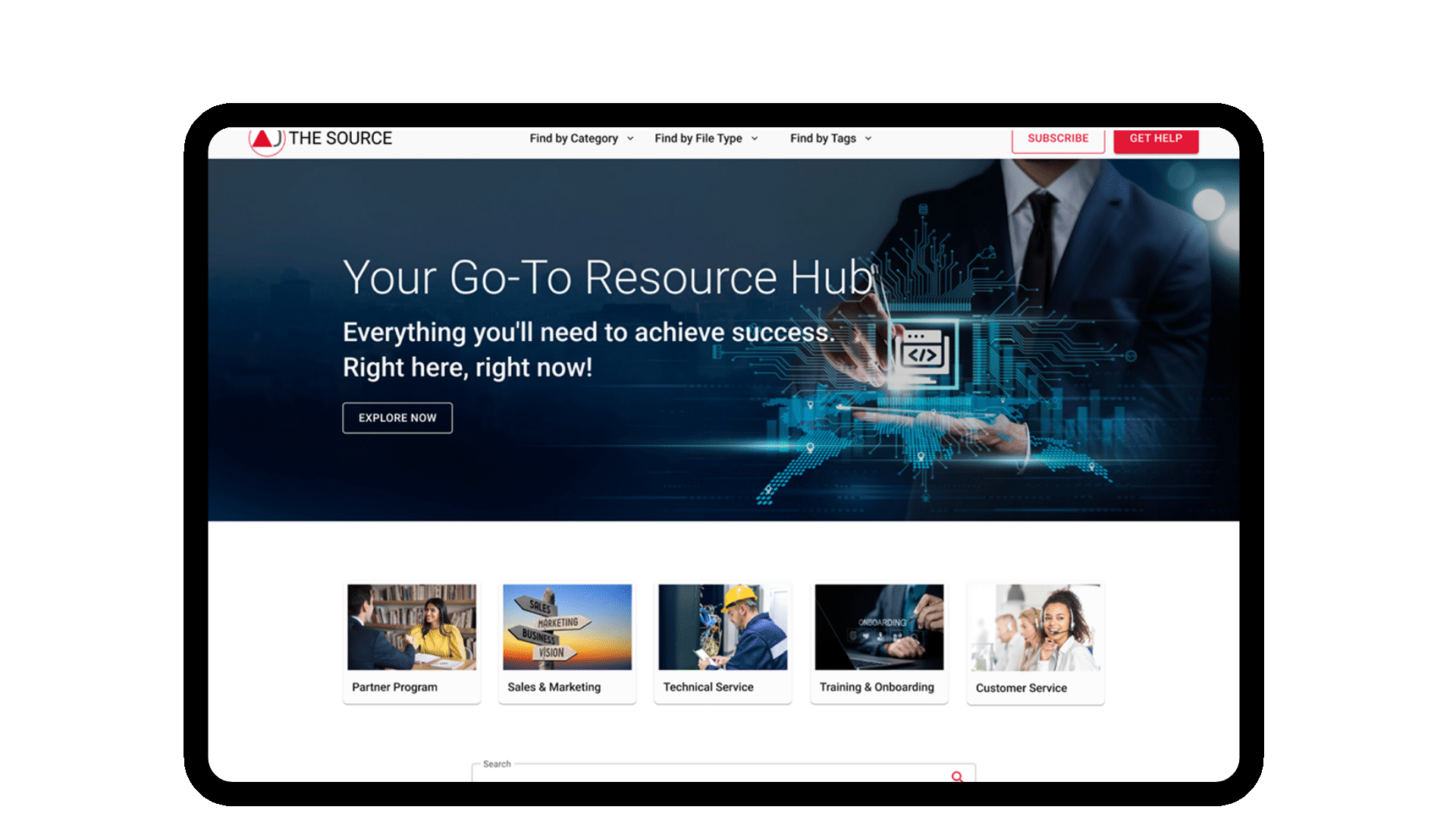 Animated walkthrough of The Source 2.0 intranet redesign showing the homepage, navigation, and search