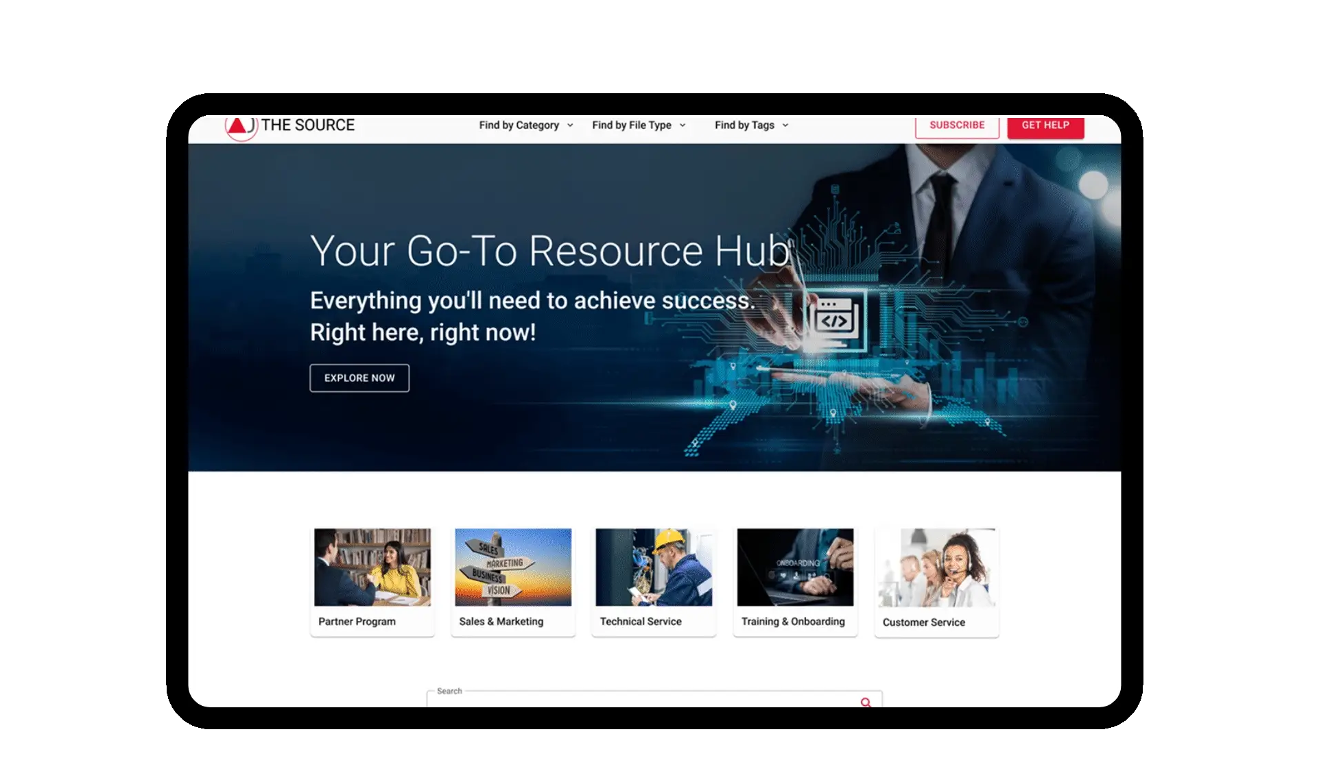 The Source 2.0 內聯網重新設計動畫導覽,展示主頁、導航及搜尋功能