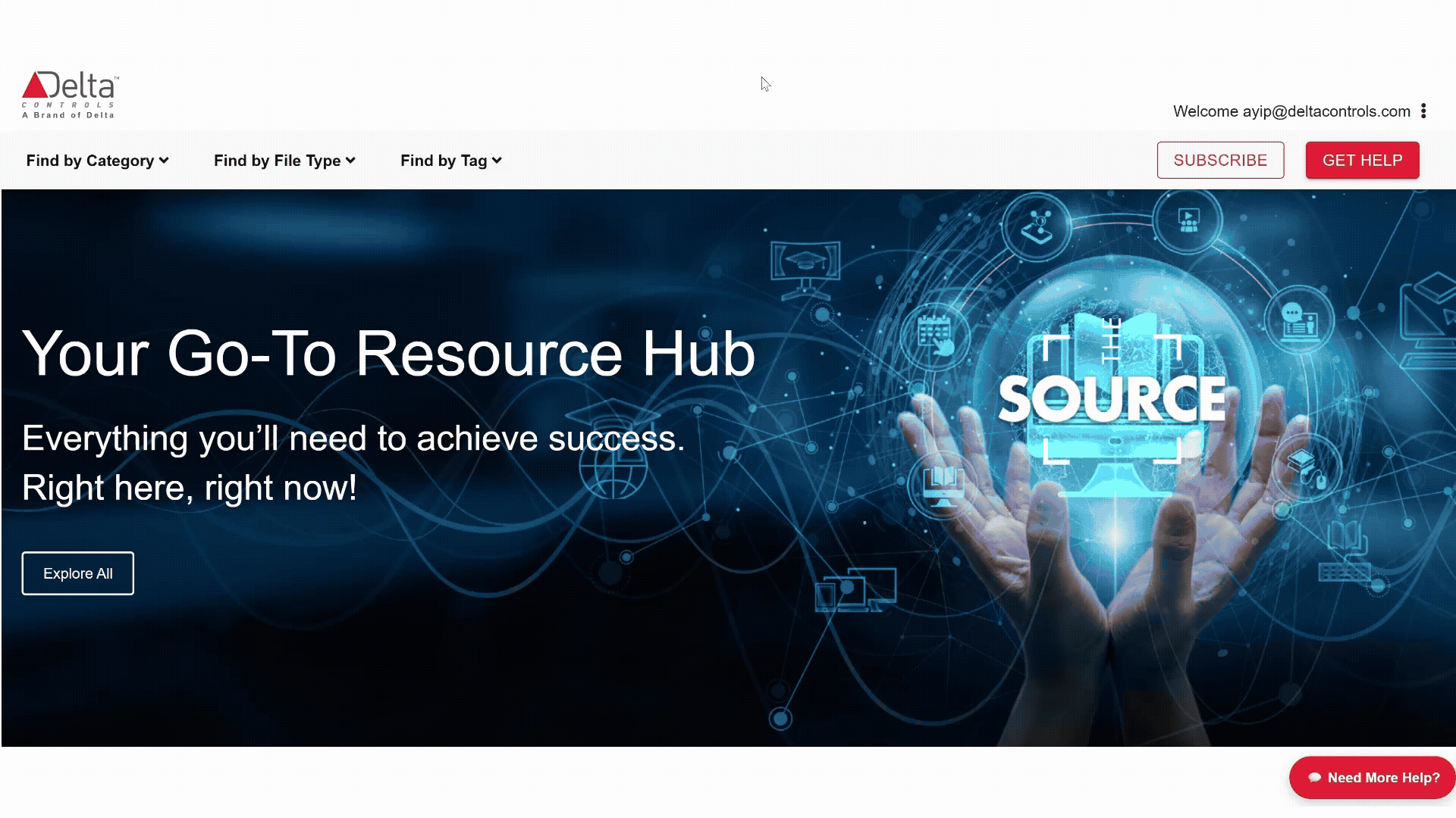 Animated screen recording of The Source 2.0's redesigned homepage with a centralized navigation hub and a hero banner reading 'Your Go-To Resource Hub'