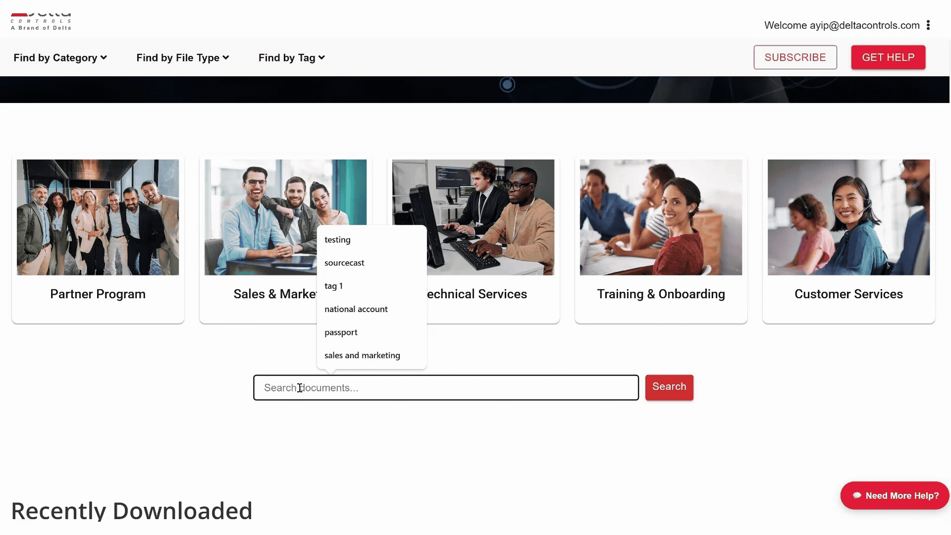 Animated screen recording of The Source 2.0's category cards and smart search dropdown showing tag suggestions like 'national account' and 'sales and marketing'