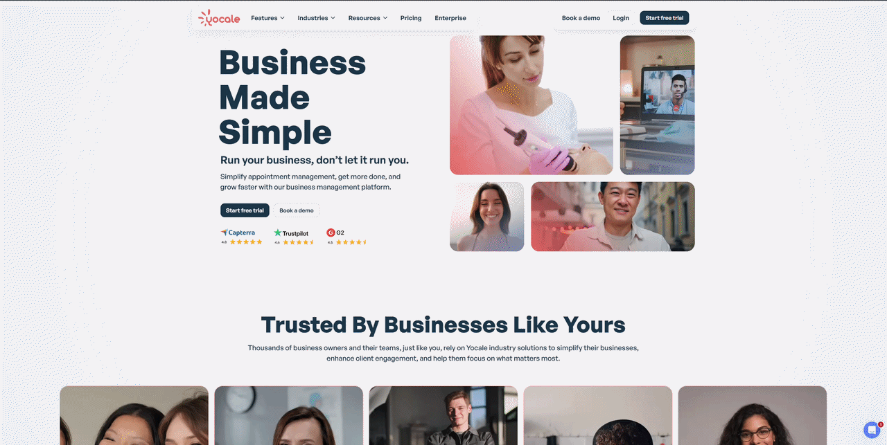 Animated walkthrough of the Yocale homepage showcasing the booking management platform