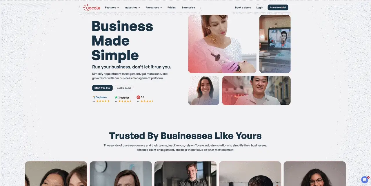 Animated walkthrough of the Yocale homepage showcasing the booking management platform