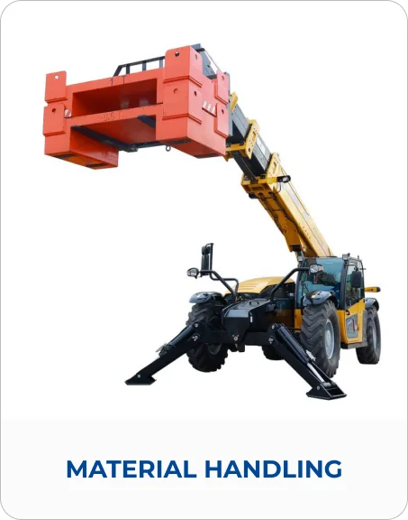 Material Handling category card showing a telehandler lifting a red counterweight attachment