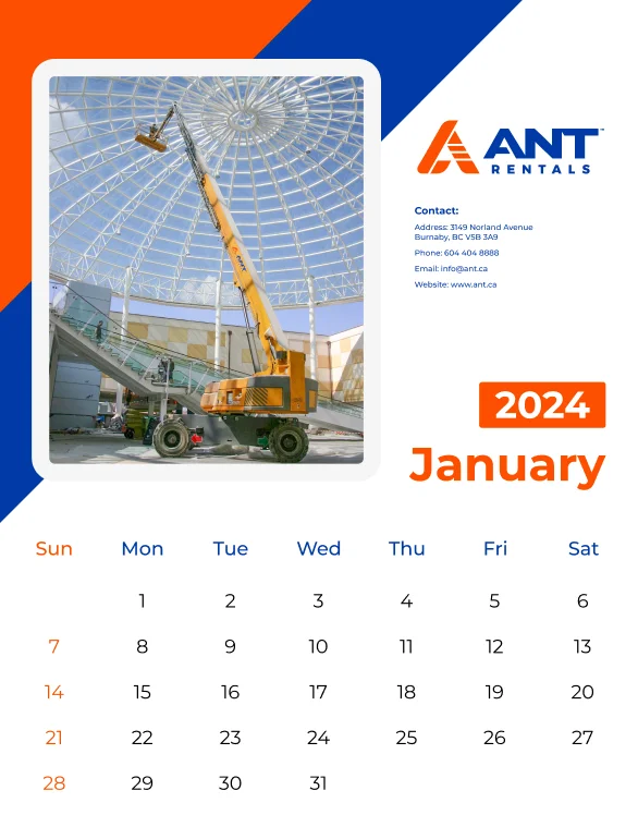 Ant Rentals 2024 wall calendar mockup showing a January grid alongside a photo of a telehandler lifting a crane attachment inside a glass-domed atrium, with company contact details