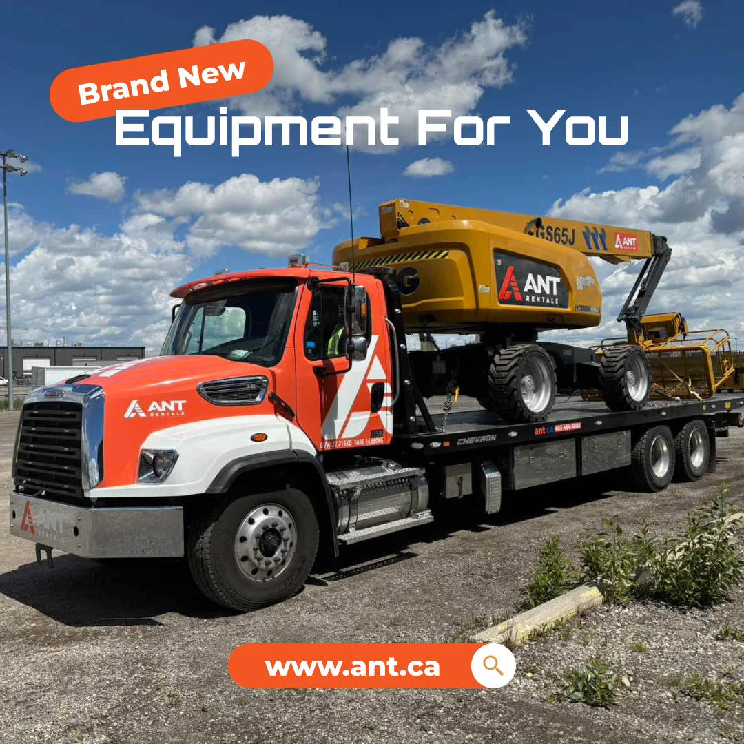 Ant Rentals social media post announcing brand new equipment, showing a delivery truck transporting a boom lift