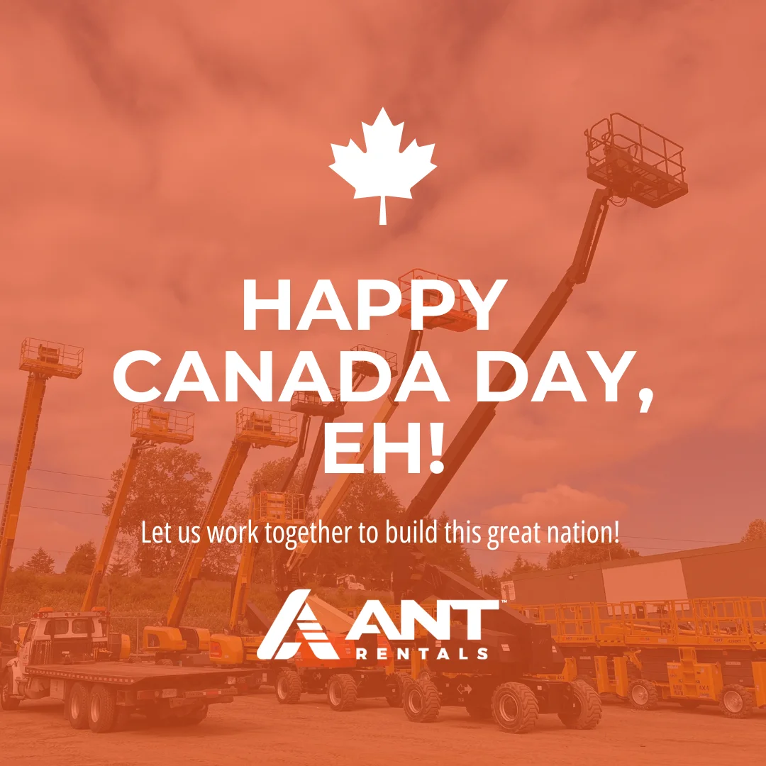Ant Rentals Canada Day Instagram post with a maple leaf graphic and construction equipment