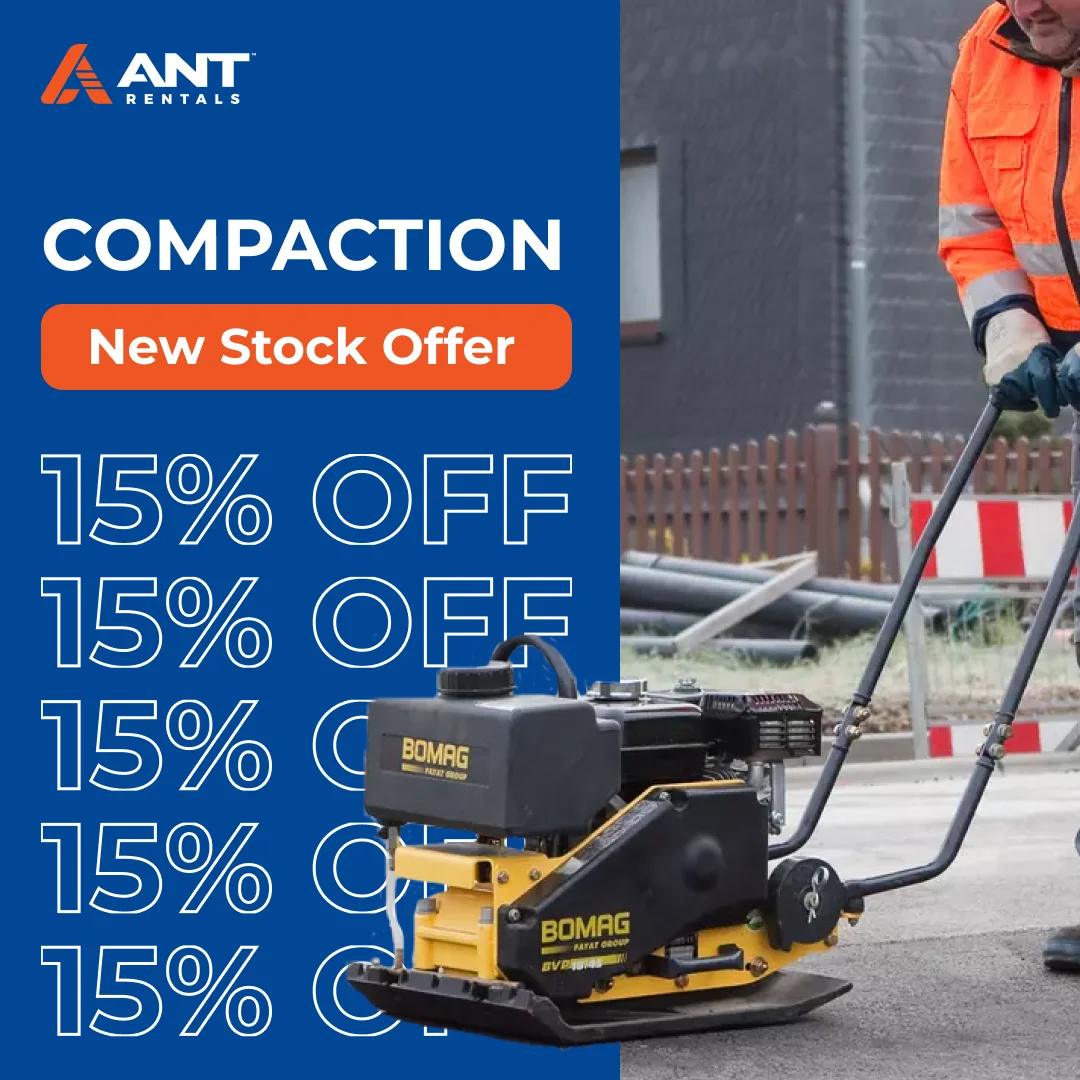 Ant Rentals social media post advertising a 15% off new stock offer on compaction equipment