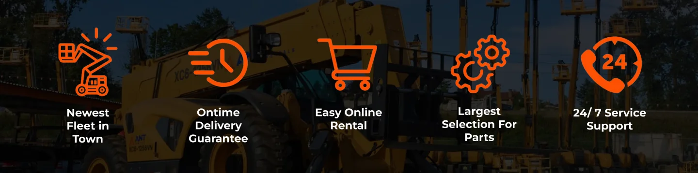 Banner highlighting Ant Rentals advantages: Newest Fleet in Town, Ontime Delivery Guarantee, Easy Online Rental, Largest Selection For Parts, and 24/7 Service Support, over a photo of construction equipment at dusk
