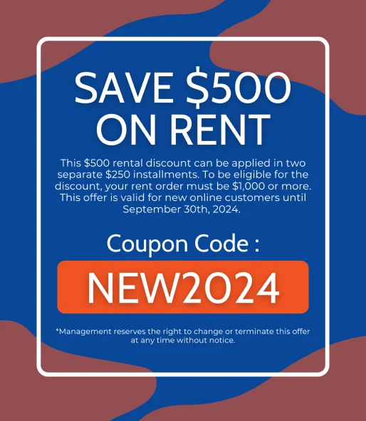 Ant Rentals promotional coupon reading "Save $500 on rent" with coupon code NEW2024, valid for new online customers until September 30th, 2024