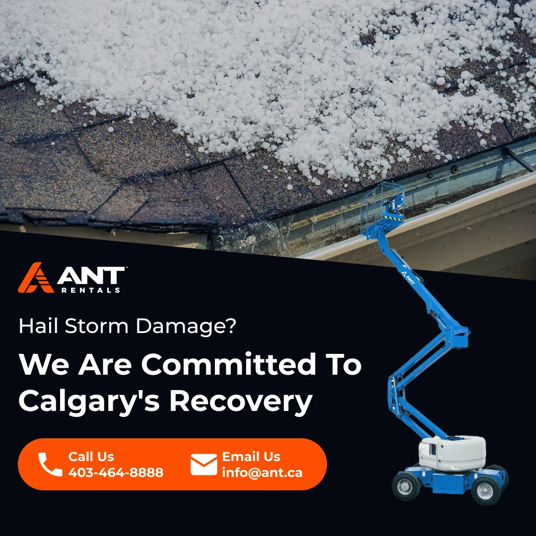Ant Rentals social media post offering hail storm damage recovery support for Calgary