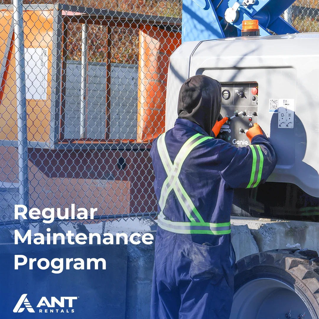 Ant Rentals social media post for its regular maintenance program, showing a technician servicing equipment