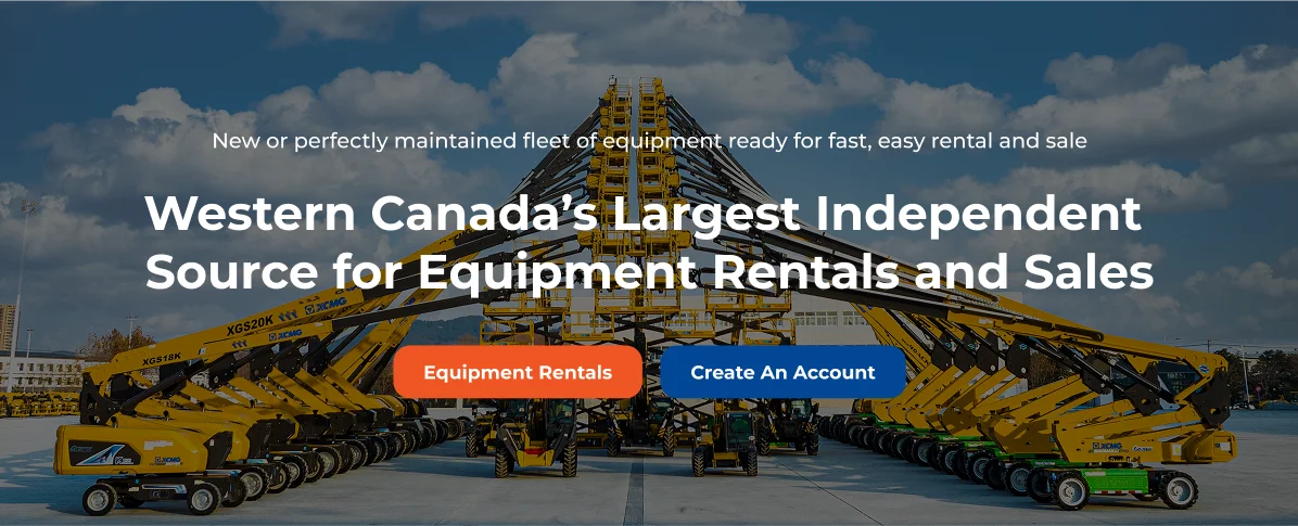 Ant Rentals website hero banner reading "Western Canada's Largest Independent Source for Equipment Rentals and Sales" over a photo of a fleet of yellow boom lifts, with "Equipment Rentals" and "Create An Account" buttons