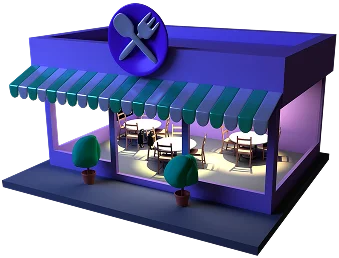 3D rendering of a restaurant storefront at night with a striped awning and lit sign