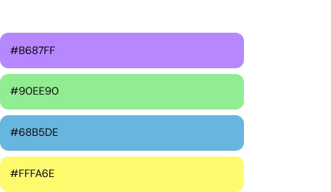 Crowd Ease brand color palette: purple, green, blue, and yellow swatches with hex codes B687FF, 90EE90, 68B5DE, and FFFA6E