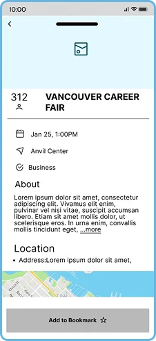 Event detail screen for the Vancouver Career Fair showing date, location, description, and a map preview