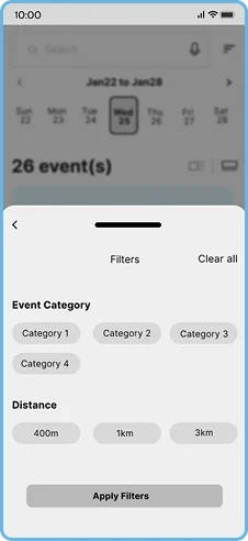 Event filters overlay with event category and distance options