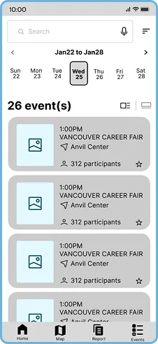 Event list screen showing a weekly calendar and a list of upcoming events with participant counts
