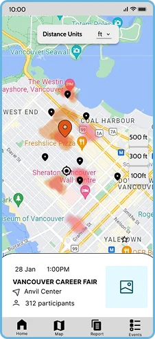 Map screen showing a live crowd density heat map around downtown Vancouver