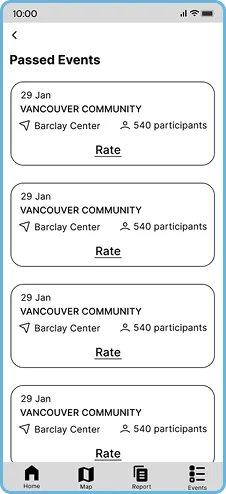 Passed Events screen listing past events with options to rate each one
