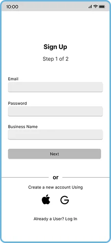 Sign up screen with email, password, and business name fields, plus social sign-up options