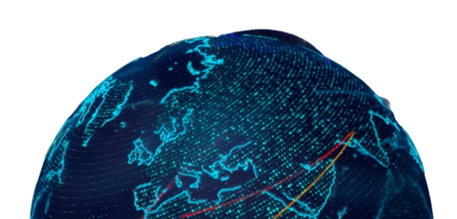 Illustration of a glowing digital globe with cyan network lines highlighting global regions, representing the worldwide reach of the survey