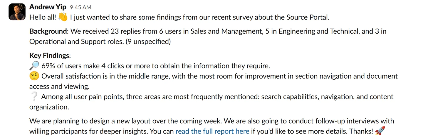 Screenshot of a Slack message from Andrew Yip sharing survey findings about the Source Portal, including response counts by department and key findings on click counts, satisfaction, and user pain points
