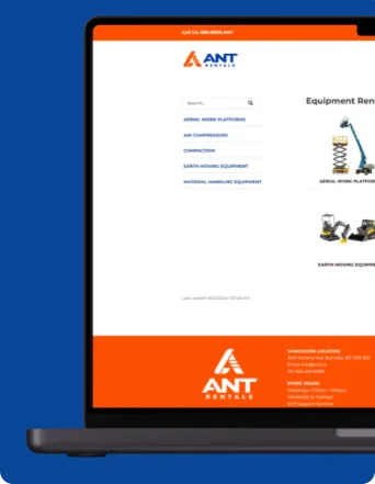 ANT Rentals equipment category page, shown on a laptop mockup