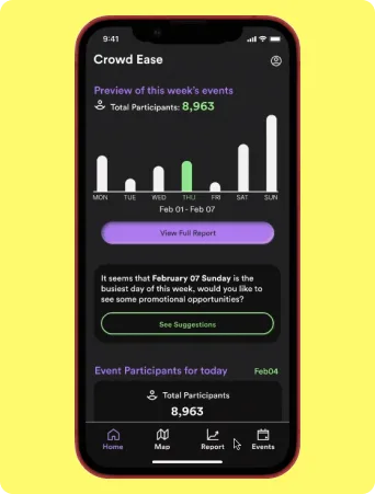 Crowd Ease weekly events dashboard on a phone