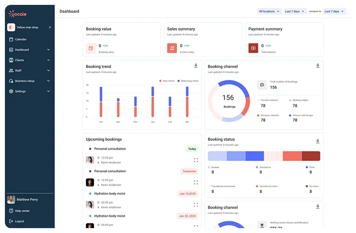 Yocale dashboard — booking management interface