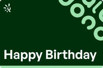 Yocale 'Happy Birthday' gift card design in forest green with the Yocale logo and a ring-pattern accent