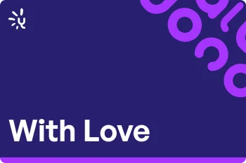 Yocale 'With Love' gift card design in deep indigo with the Yocale logo and a ring-pattern accent