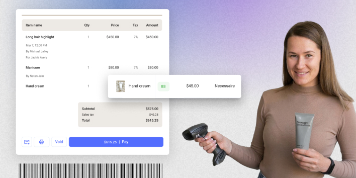 Yocale invoicing interface showing an itemized receipt with services, subtotal, tax, and total, alongside a staff member holding a barcode scanner and product