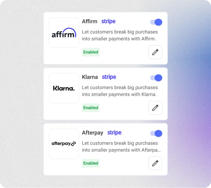Yocale payment integrations panel showing Affirm, Klarna, and Afterpay cards via Stripe, each enabled with a toggle switch and edit button