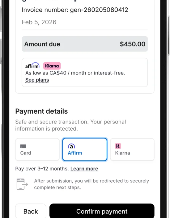 Yocale mobile checkout screen showing an invoice with 'Amount due $450.00', Affirm and Klarna buy-now-pay-later options, payment method selection with Affirm selected, and a 'Confirm payment' button