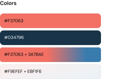 Yocale brand color palette: coral #F37063, navy #034796, a coral-to-blue gradient, and a light pink-to-blue gradient, each with hex codes