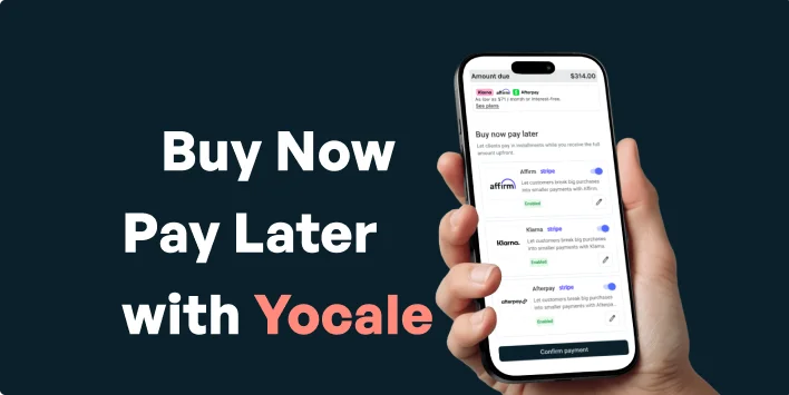 Yocale 'Buy Now, Pay Later' promotional banner showing a phone displaying Affirm, Klarna, and Afterpay payment options