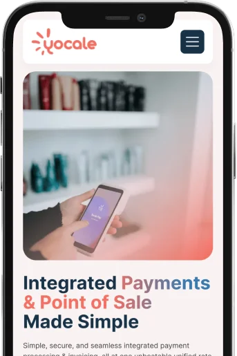Yocale mobile screen showing a hand using a phone for integrated payments near retail shelves, with the heading 'Integrated Payments & Point of Sale Made Simple'
