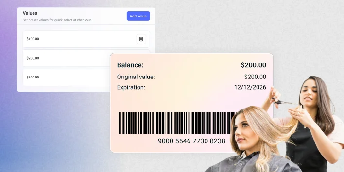 Yocale gift card management interface showing preset values and a digital gift card balance, with a salon stylist cutting a client's hair in the background