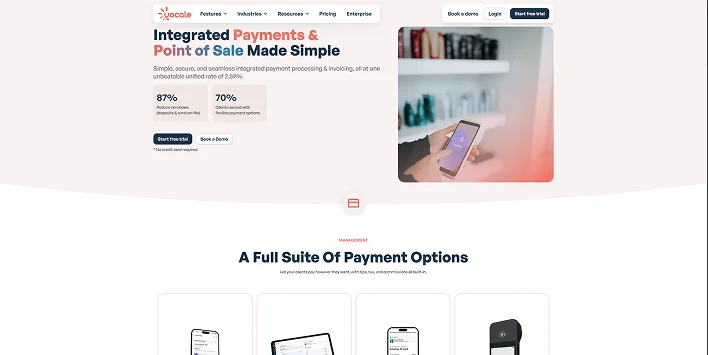 Yocale integrated payments landing page showing 'Integrated Payments & Point of Sale Made Simple' messaging, adoption statistics, and a suite of supported payment devices