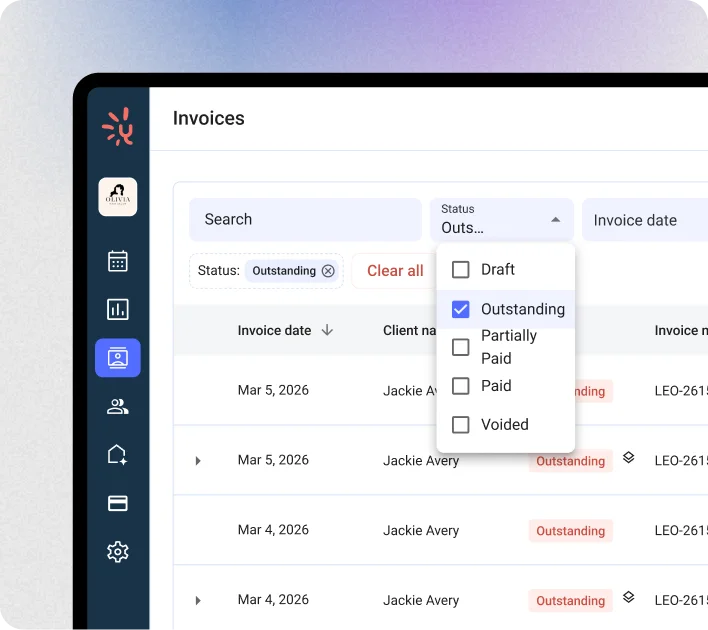 Yocale invoicing dashboard showing a list of invoices with date, client, and status columns, and a status filter dropdown open with Draft, Outstanding, Partially Paid, Paid, and Voided options