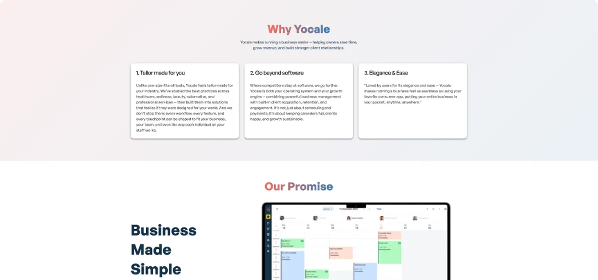 Screenshot of Yocale's outdated website homepage showing the 'Why Yocale' and 'Our Promise' sections with a tablet mockup of the booking calendar