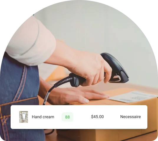Photo of a hand using a barcode scanner on a product box, overlaid with a Yocale interface card showing 'Hand cream', quantity 88, price $45.00, and brand 'Necessaire'